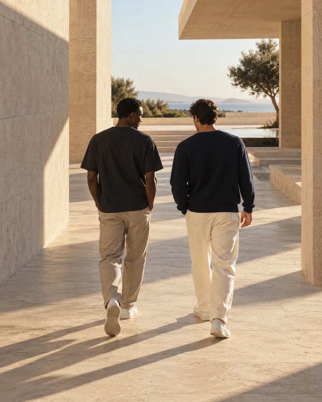 Two men walking through a sunlit stone courtyard