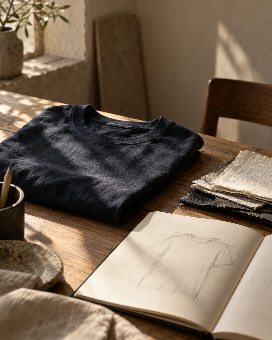 Folded dark T-shirt, fabric swatches and a sketchbook on a sunlit table