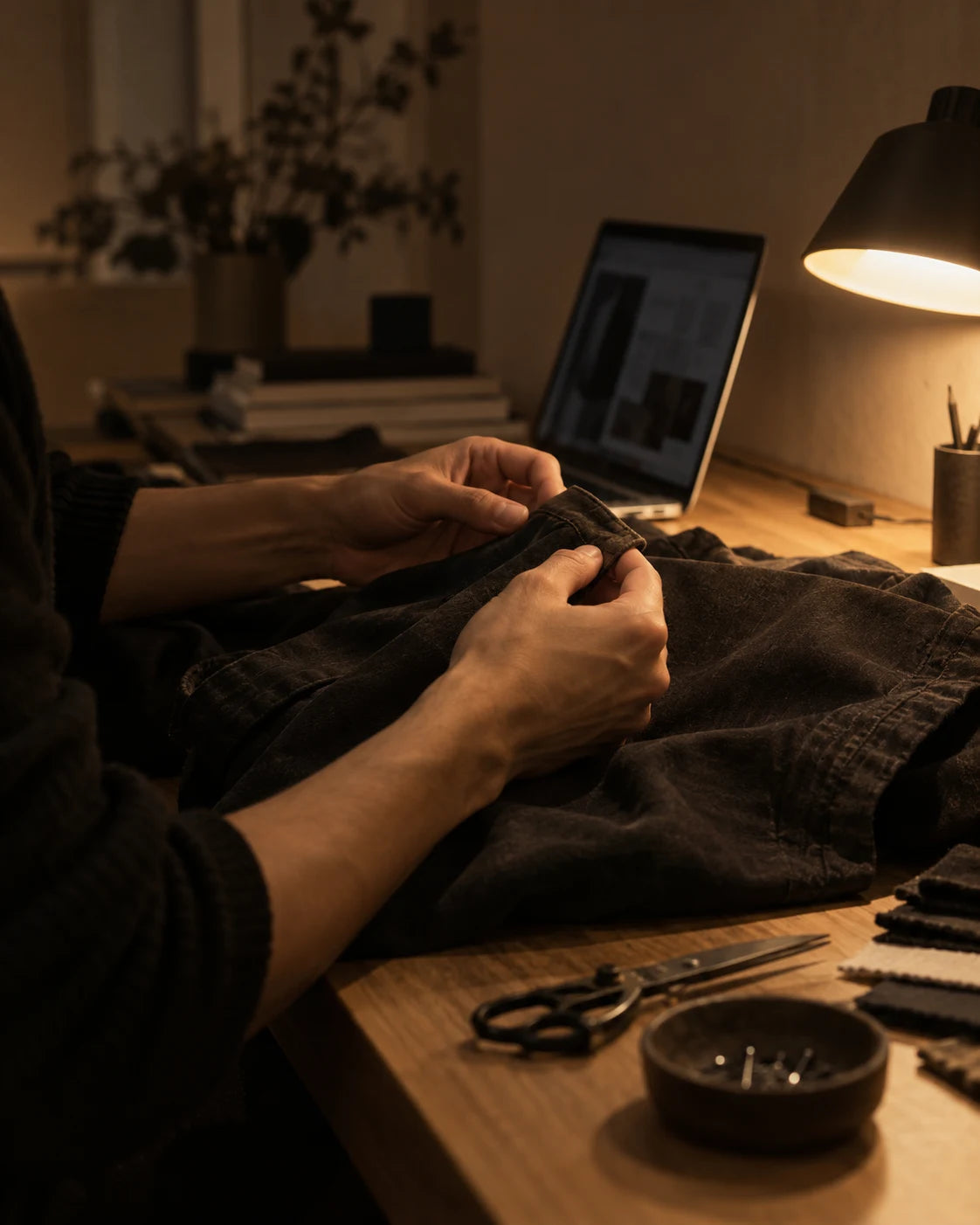 Hands checking a garment seam at a softly lit worktable